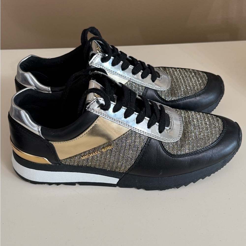 Michael Kors Black and Gold Metallic Knit Runner Sneakers